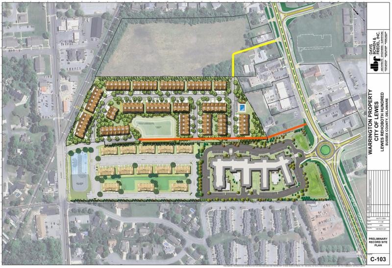 The Overfall Preserve preliminary site plan shows two proposed connectors from Kings Highway to Savannah Road. The orange line is a straight-through connection favored by the Lewes Planning Commission and Historic Lewes Scenic Byway Committee. The yellow line shows DelDOT’s preferred route, which goes through the undeveloped Plummer property. As it stands now, drivers would have to weave their way through Overfall Preserve, through the adjacent Dutchman’s Harvest community and the parking lot of the Lodge at Historic Lewes to reach Kings Highway from Savannah Road. CITY OF LEWES IMAGE